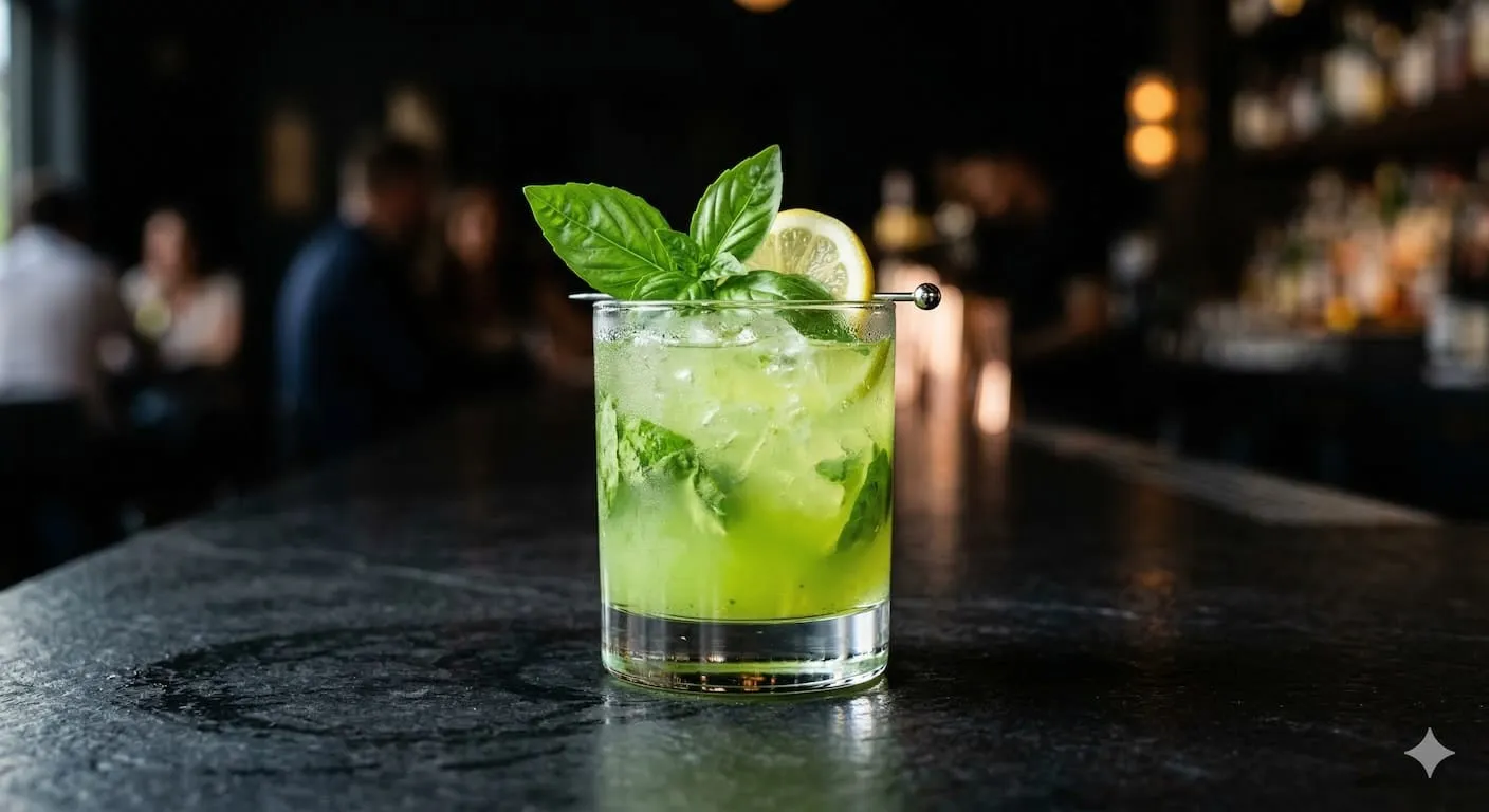 A beautiful Gin Basil Smash cocktail